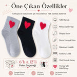 Kadın Pamuk Kalp Desenli Kısa Konç Bilek Çorap 6’lı Paket, Siyah Beyaz Gri, Yumuşak Dokulu ve Dikişsiz Burun
