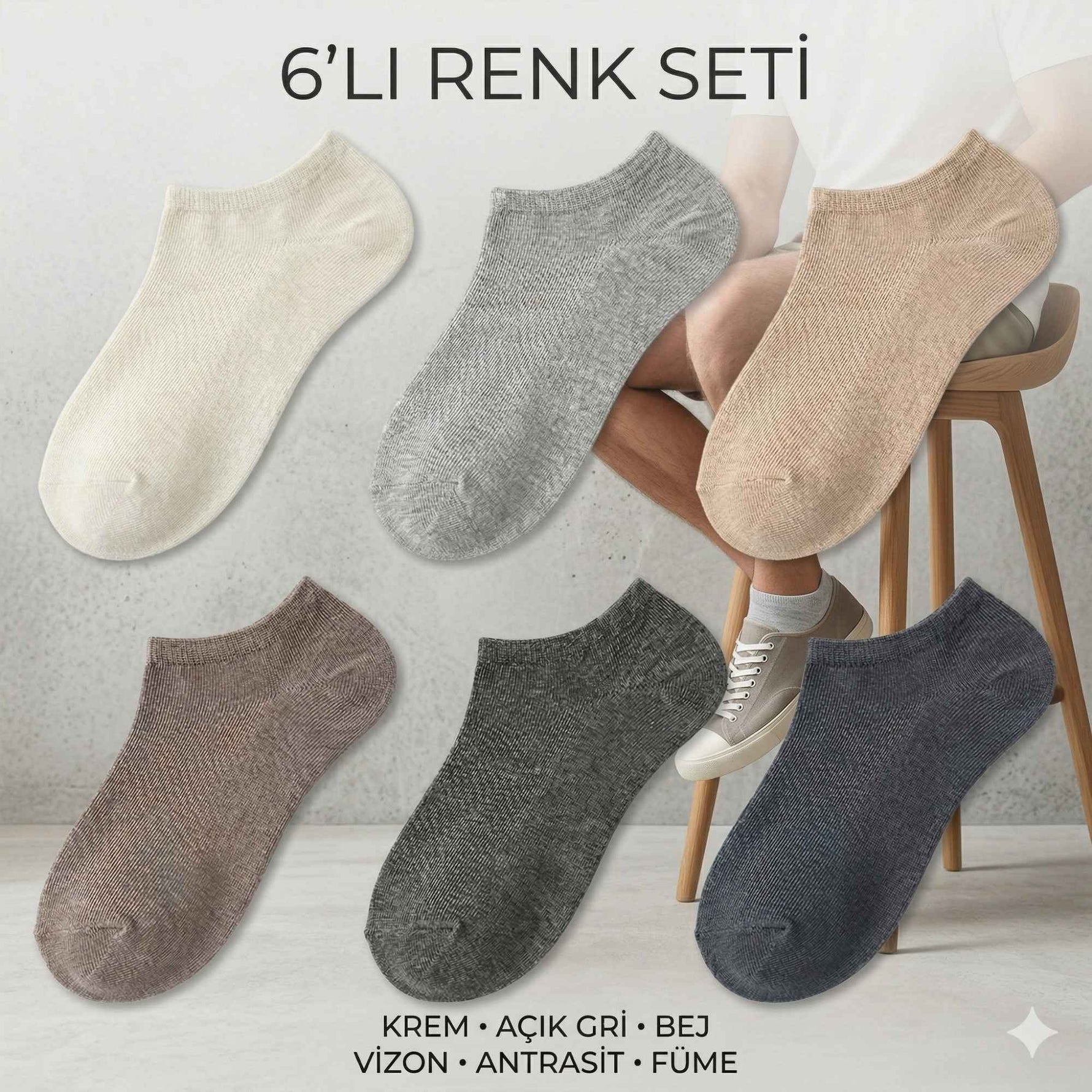 Erkek Görünmez Çorap 12’li Set, Babet Kesim, Yumuşak ve Esnek Yapı, Krem, Açık Gri, Bej, Vizon, Antrasit, Füme