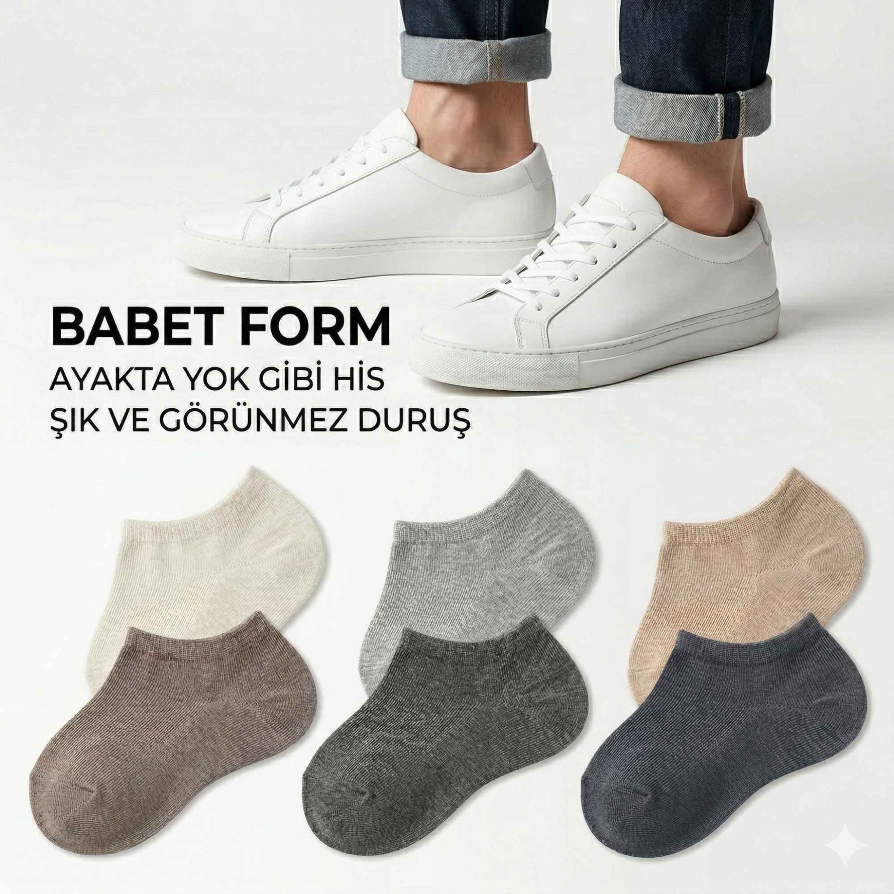 Erkek Görünmez Çorap 6’lı Set, Babet Kesim, Yumuşak ve Esnek Yapı, Krem, Açık Gri, Bej, Vizon, Antrasit, Füme