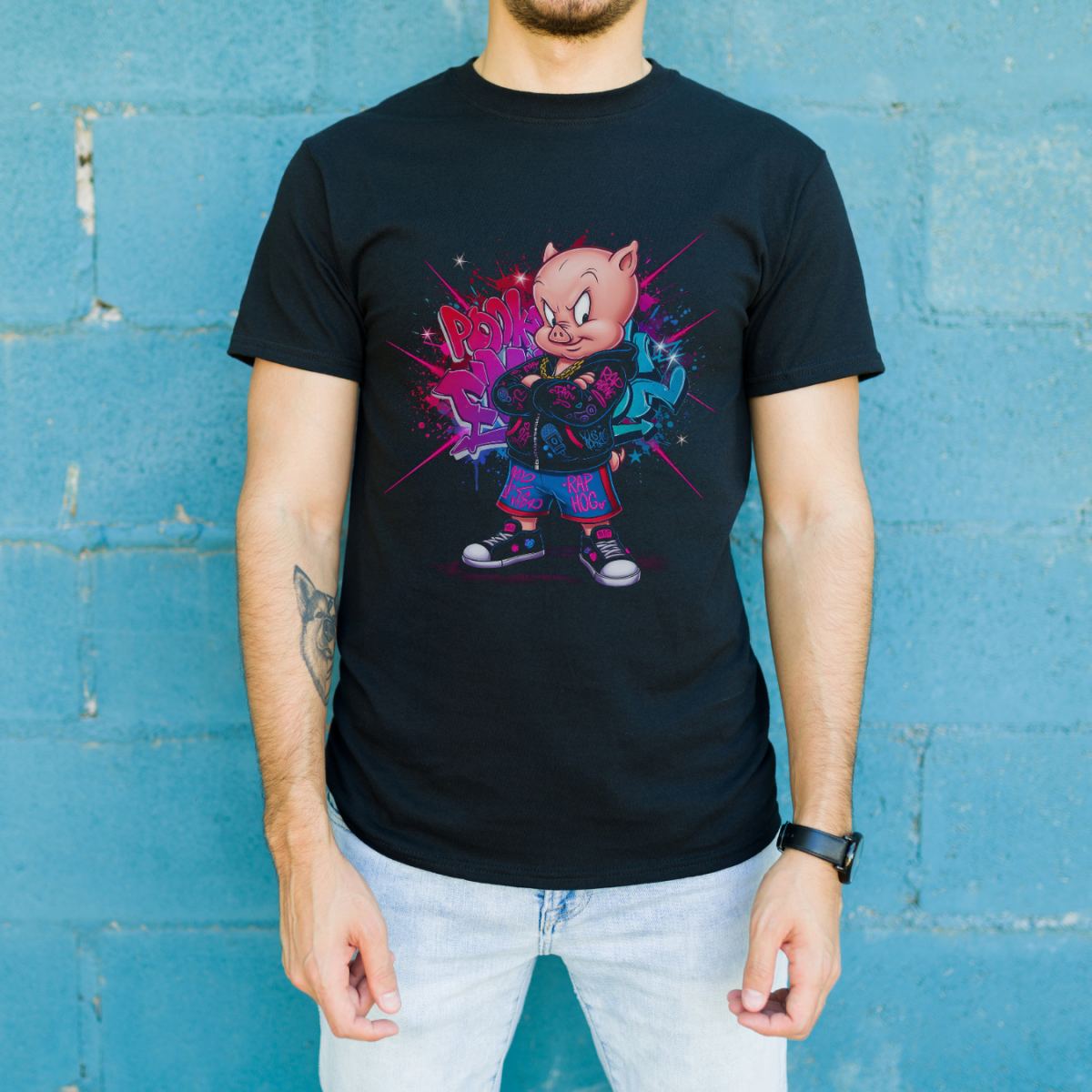 Porky Pig Graffiti Baskılı Unisex Siyah Oversize Tişört - 24/1 Penye