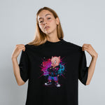 Porky Pig Graffiti Baskılı Unisex Siyah Oversize Tişört - 24/1 Penye