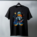 Duck Dodgers Uzay Baskılı Unisex Siyah Oversize Tişört - 24/1 Penye