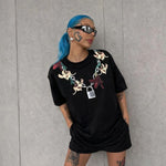 Kadın Kısa Kol Yazlık Tişört Bisiklet Yaka Baskılı Oversize T-Shirt - Siyah
