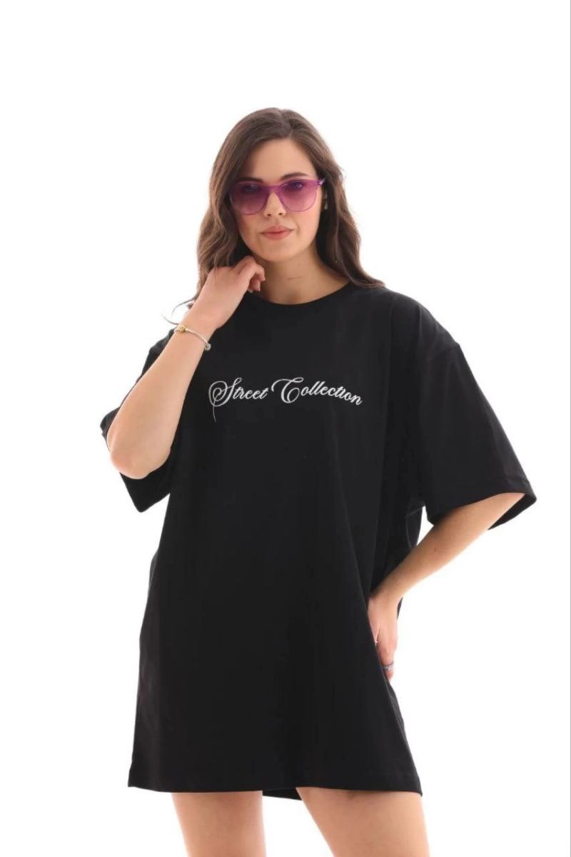 Kadın Kısa Kol Yazlık Tişört Bisiklet Yaka Baskılı Oversize T-Shirt - Siyah