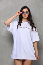 Kadın Kısa Kol Yazlık Tişört Bisiklet Yaka Baskılı Oversize T-Shirt - Beyaz