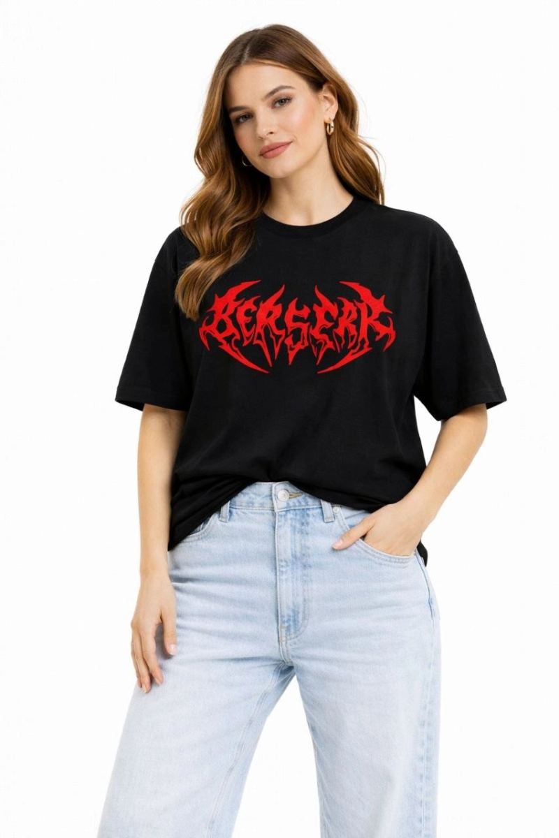 Kadın Kısa Kol Yazlık Tişört Bisiklet Yaka Baskılı Oversize T-Shirt -  Siyah