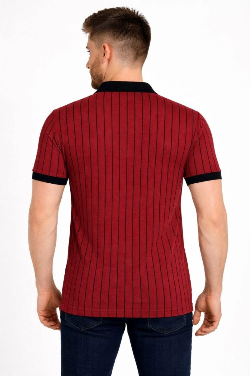 Erkek Polo Yaka Çizgili Tişört Kısa Kol Düğmeli Yazlık T-Shirt - Bordo