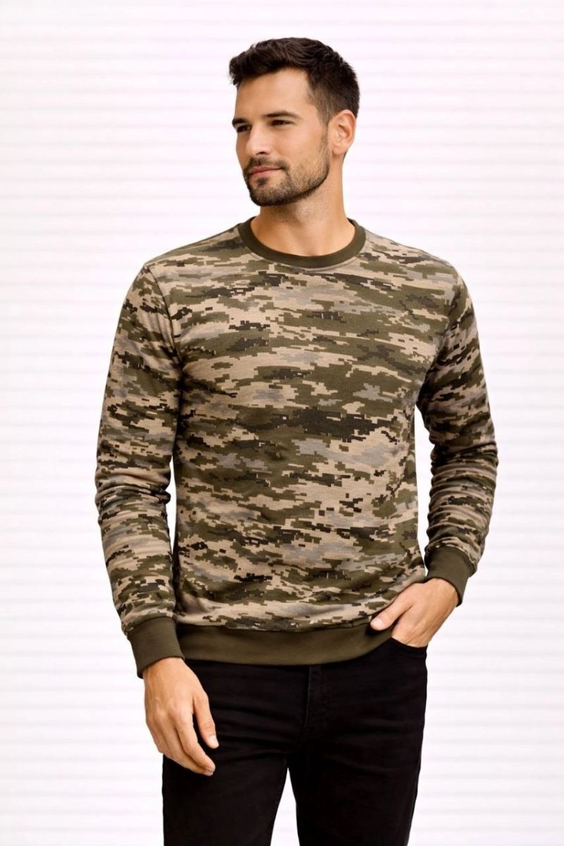 Erkek Kamuflaj Desenli 2 İplik 4 Mevsim Uzun Kollu Bisiklet Yaka Sweatshirt - Kamuflaj