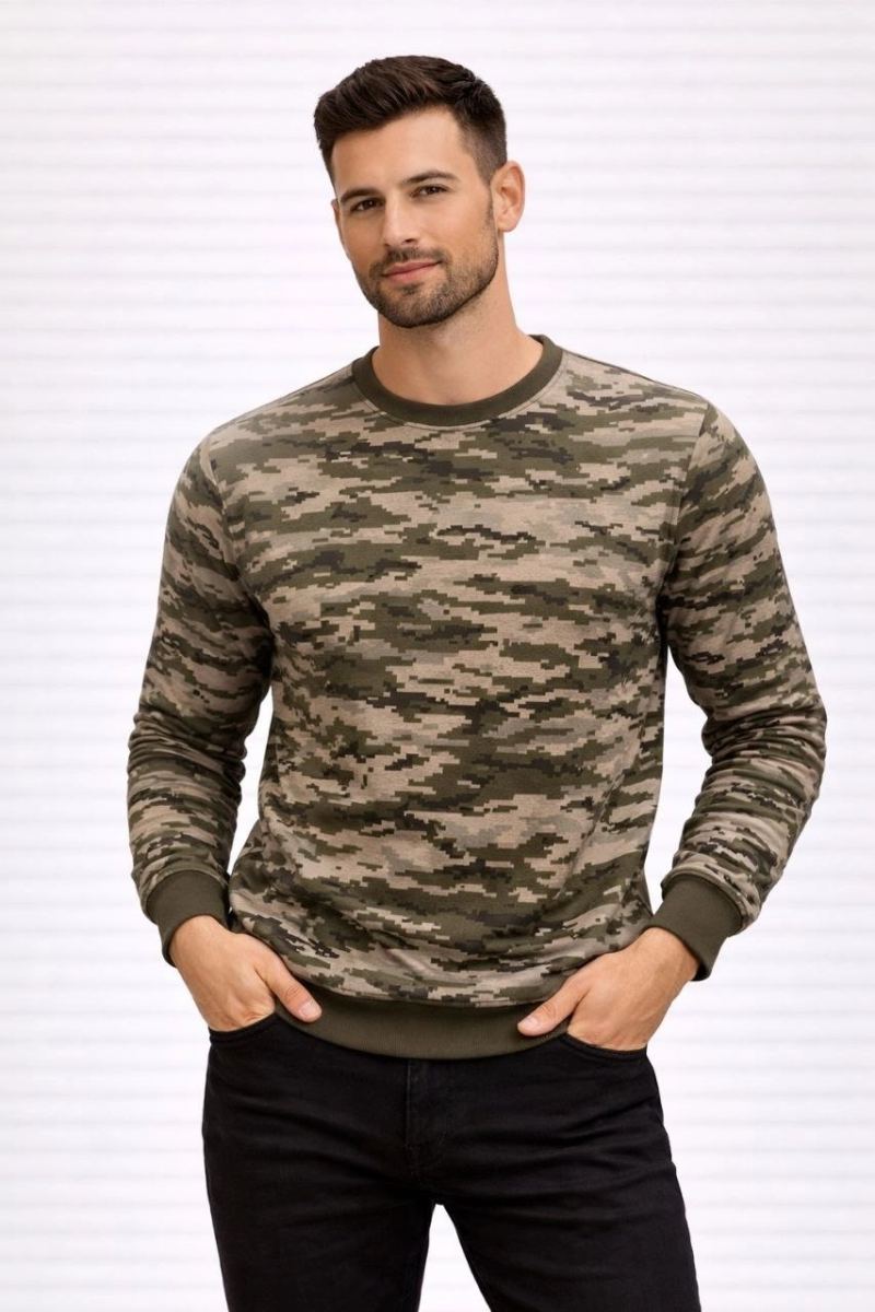 Erkek Kamuflaj Desenli 2 İplik 4 Mevsim Uzun Kollu Bisiklet Yaka Sweatshirt - Kamuflaj