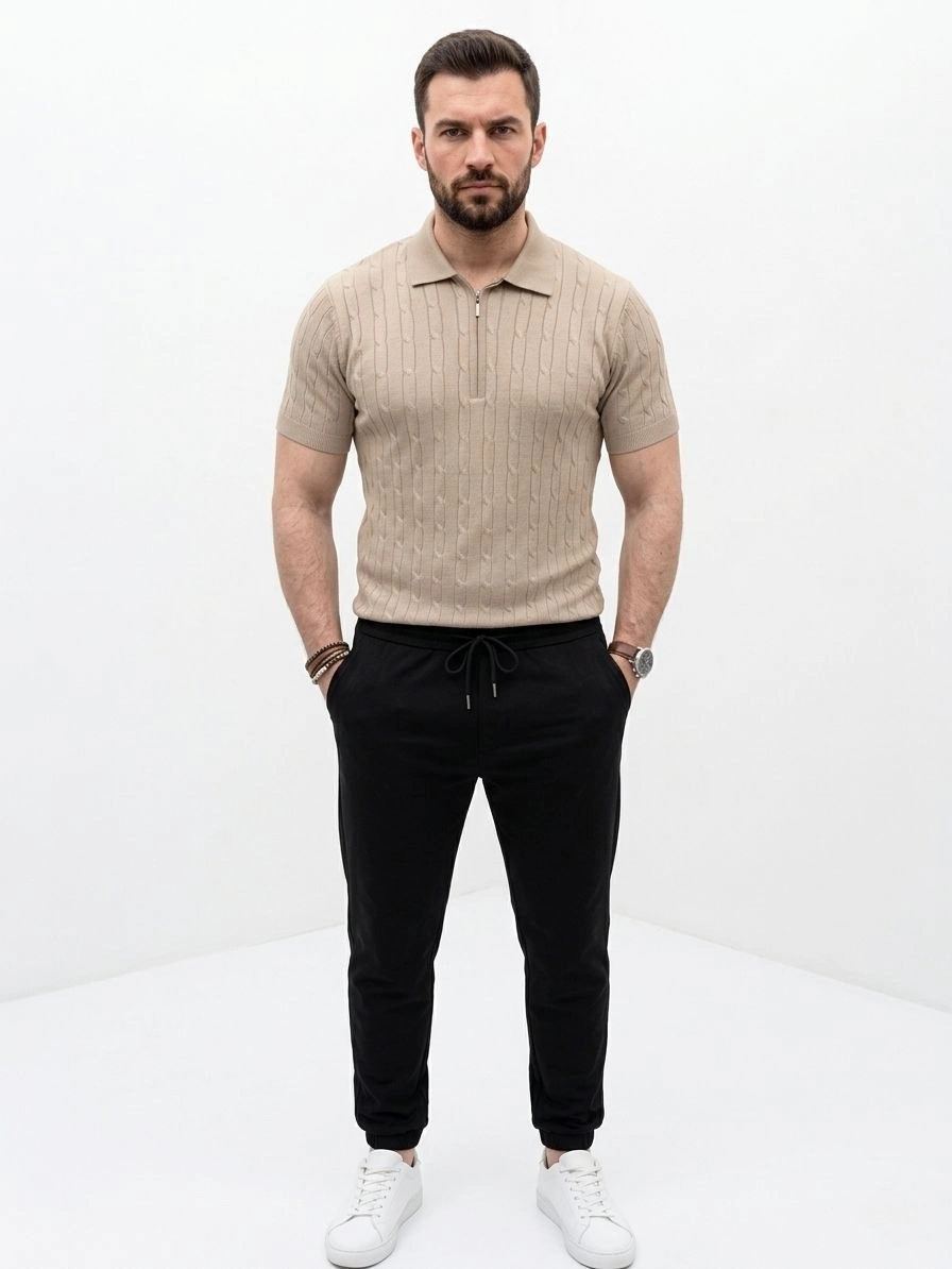 Erkek Yazlık Triko Saç Örgü Tişört Kısa Kol Polo Yaka Fermuarlı T-Shirt - Bej