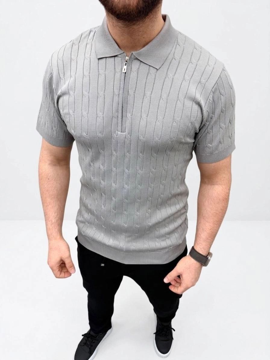 Erkek Yazlık Triko Saç Örgü Tişört Kısa Kol Polo Yaka Fermuarlı T-Shirt - Gri