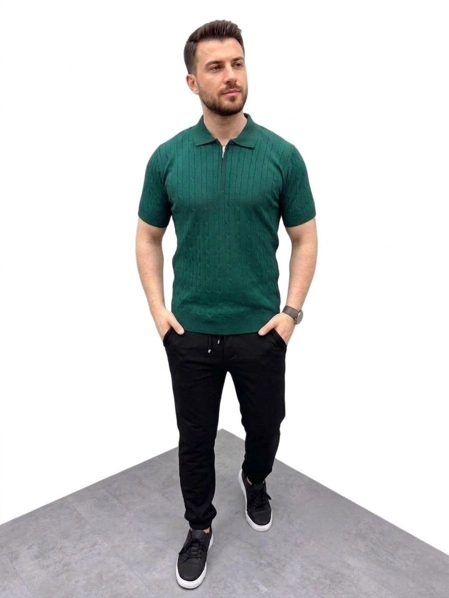 Erkek Yazlık Triko Saç Örgü Tişört Kısa Kol Polo Yaka Fermuarlı T-Shirt - Haki