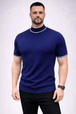 Erkek Fitilli Triko Dokuma Kısa Kol Tişört Yarım Boğaz Modern Yazlık T-Shirt - Lacivert