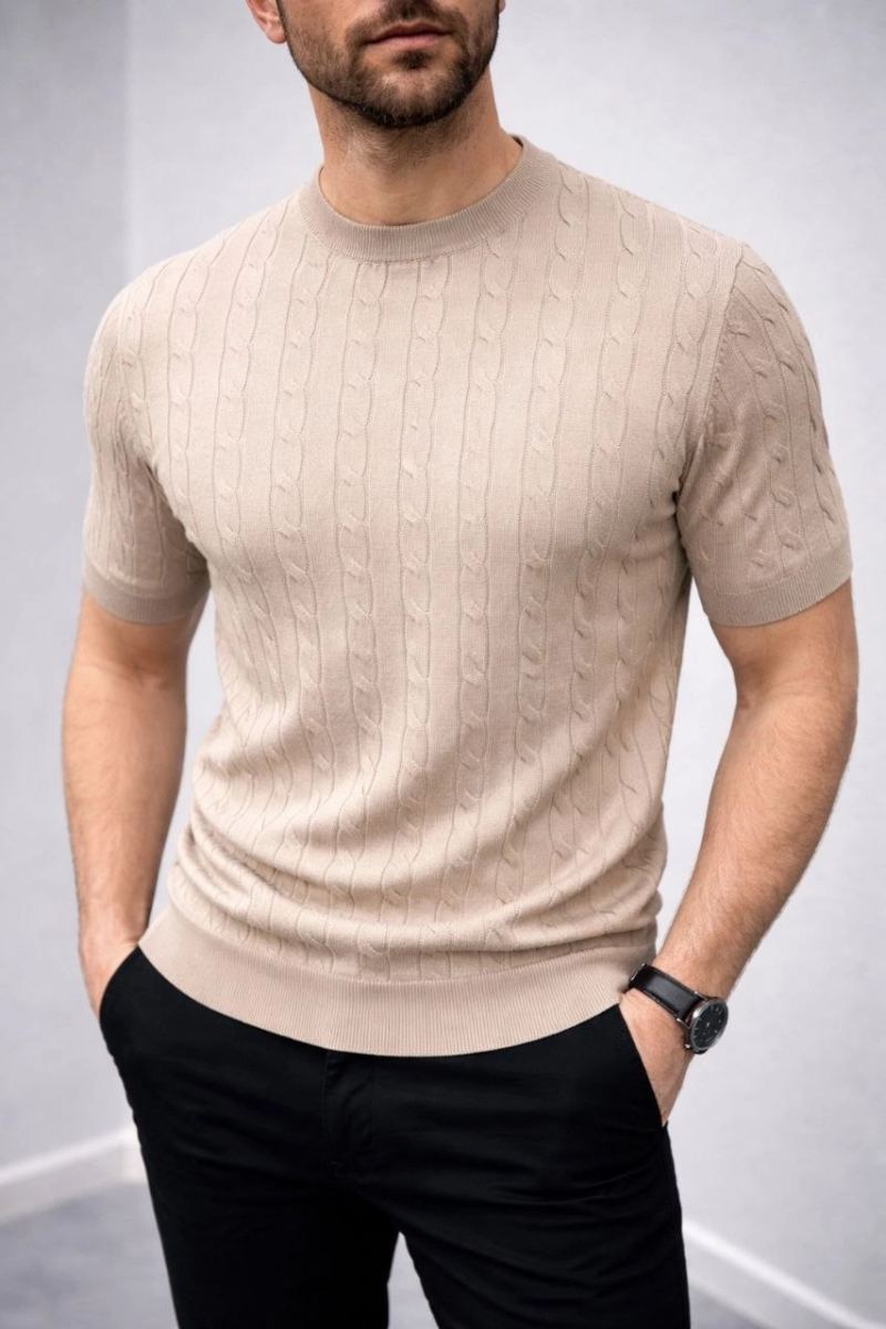 Erkek Yazlık Triko Dokuma Tişört Kısa Kol Bisiklet Yaka Örgü Desenli T-Shirt - Bej