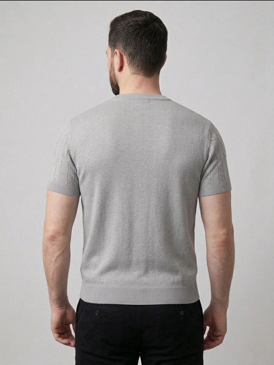 Erkek Yazlık Triko Dokuma Tişört Kısa Kol Bisiklet Yaka Örgü Desenli T-Shirt - Gri