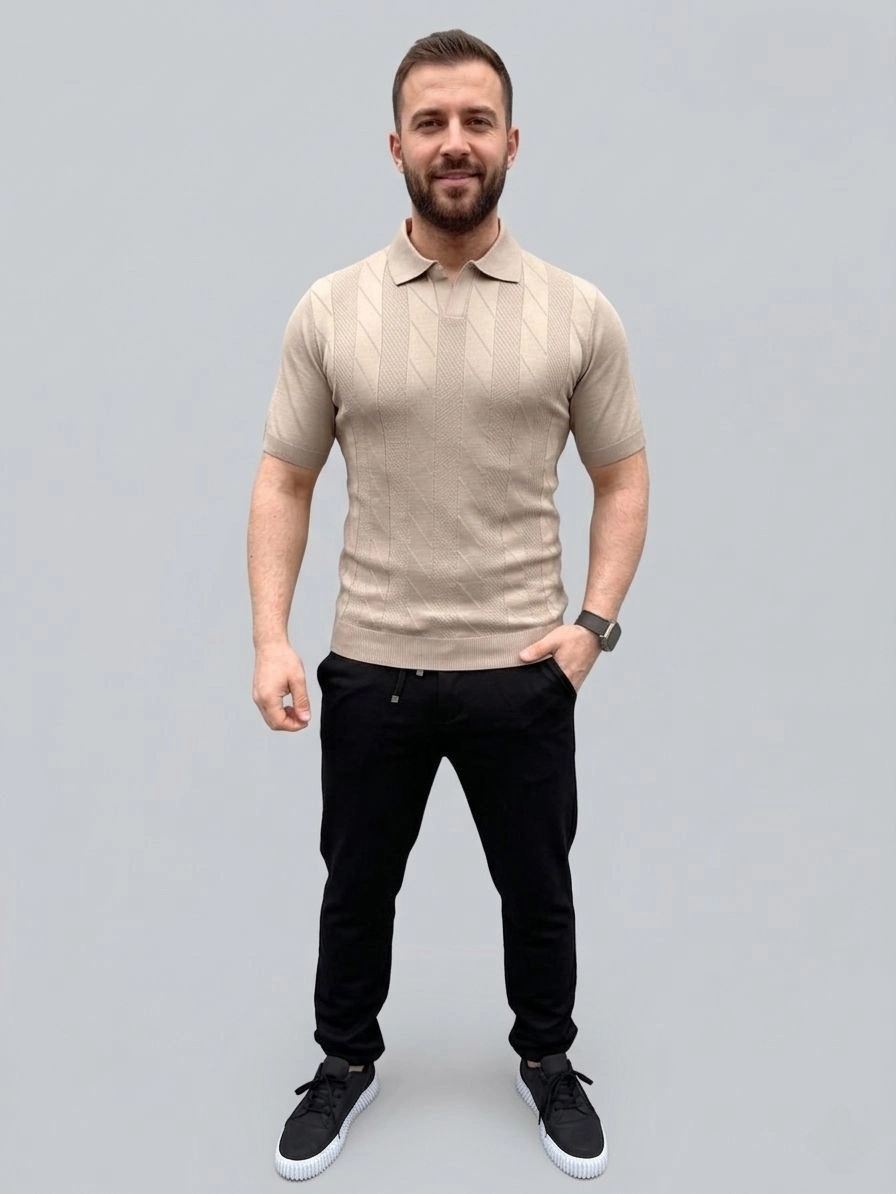 Erkek Yazlık Triko Dokuma Tişört Kısa Kol Polo Yaka T-Shirt - Bej