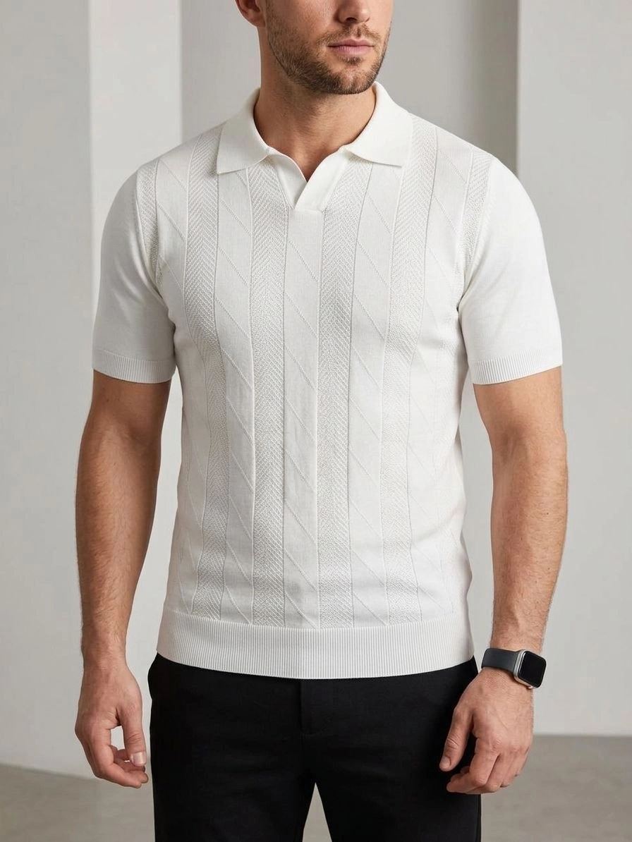 Erkek Yazlık Triko Dokuma Tişört Kısa Kol Polo Yaka T-Shirt - Beyaz