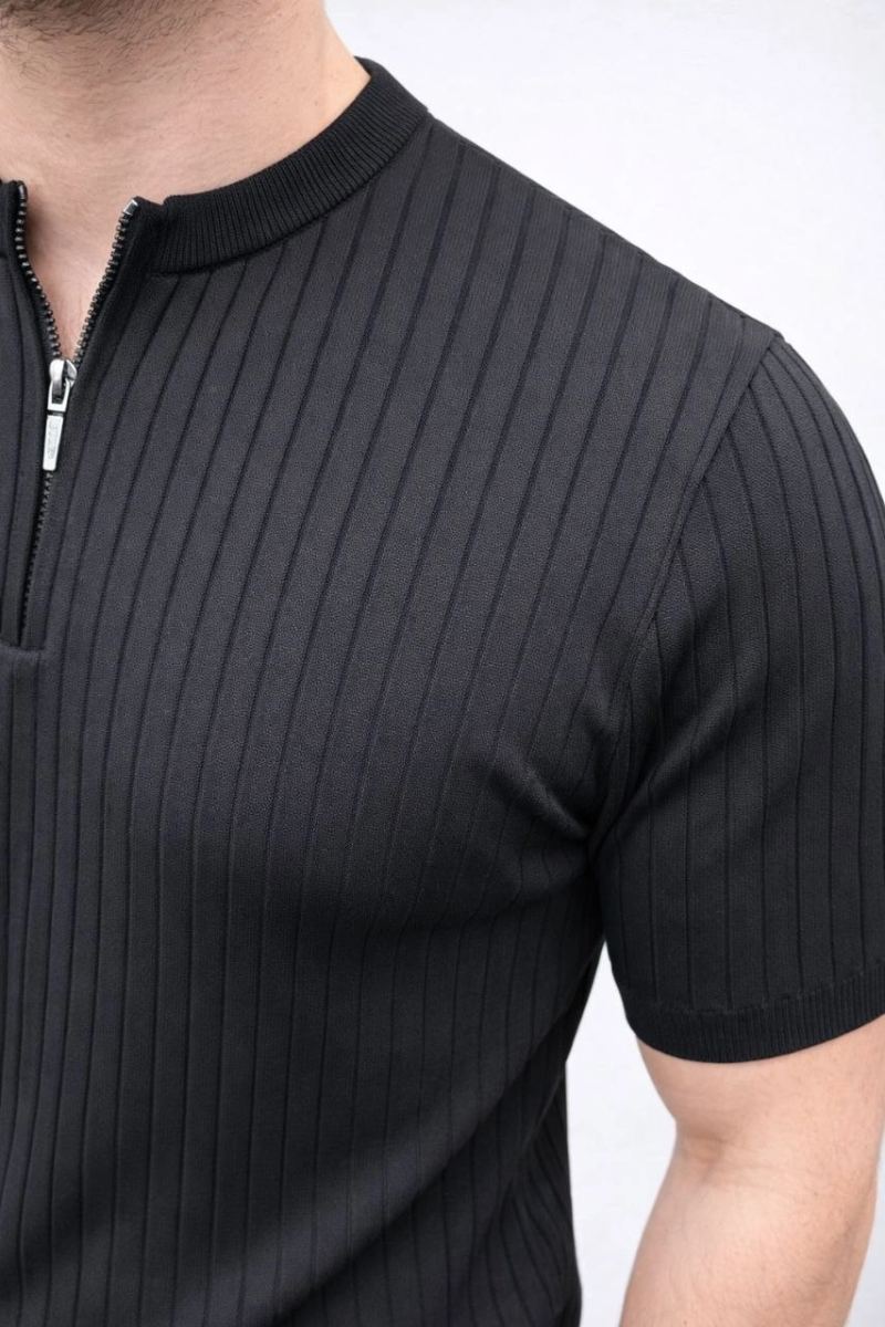 Erkek Kısa Kol Fitilli Triko T-Shirt Yazlık Hakim Yaka Tişört - Siyah