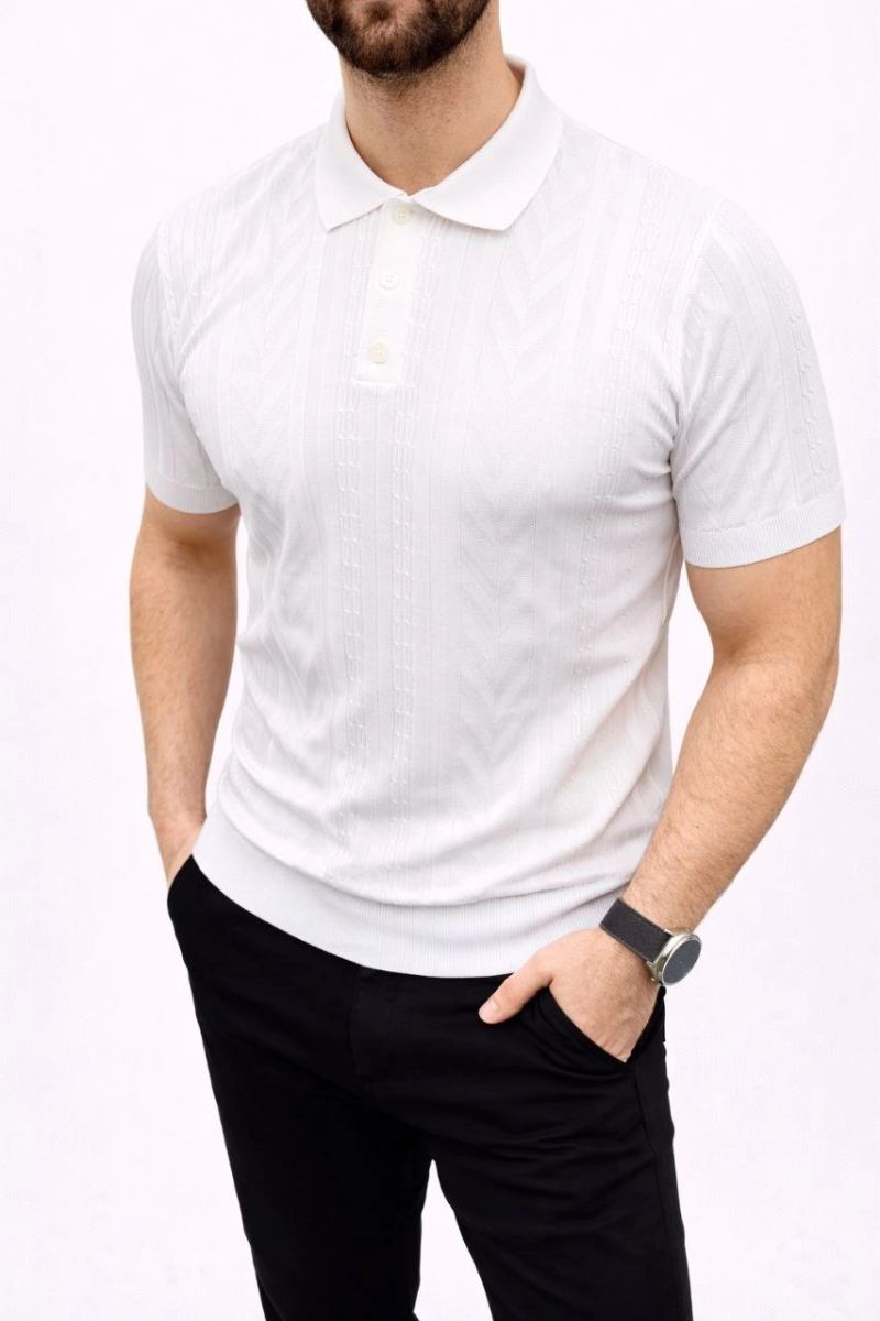 Erkek Yazlık Triko Tişört Kısa Kol Polo Yaka Düğmeli T-Shirt - Beyaz