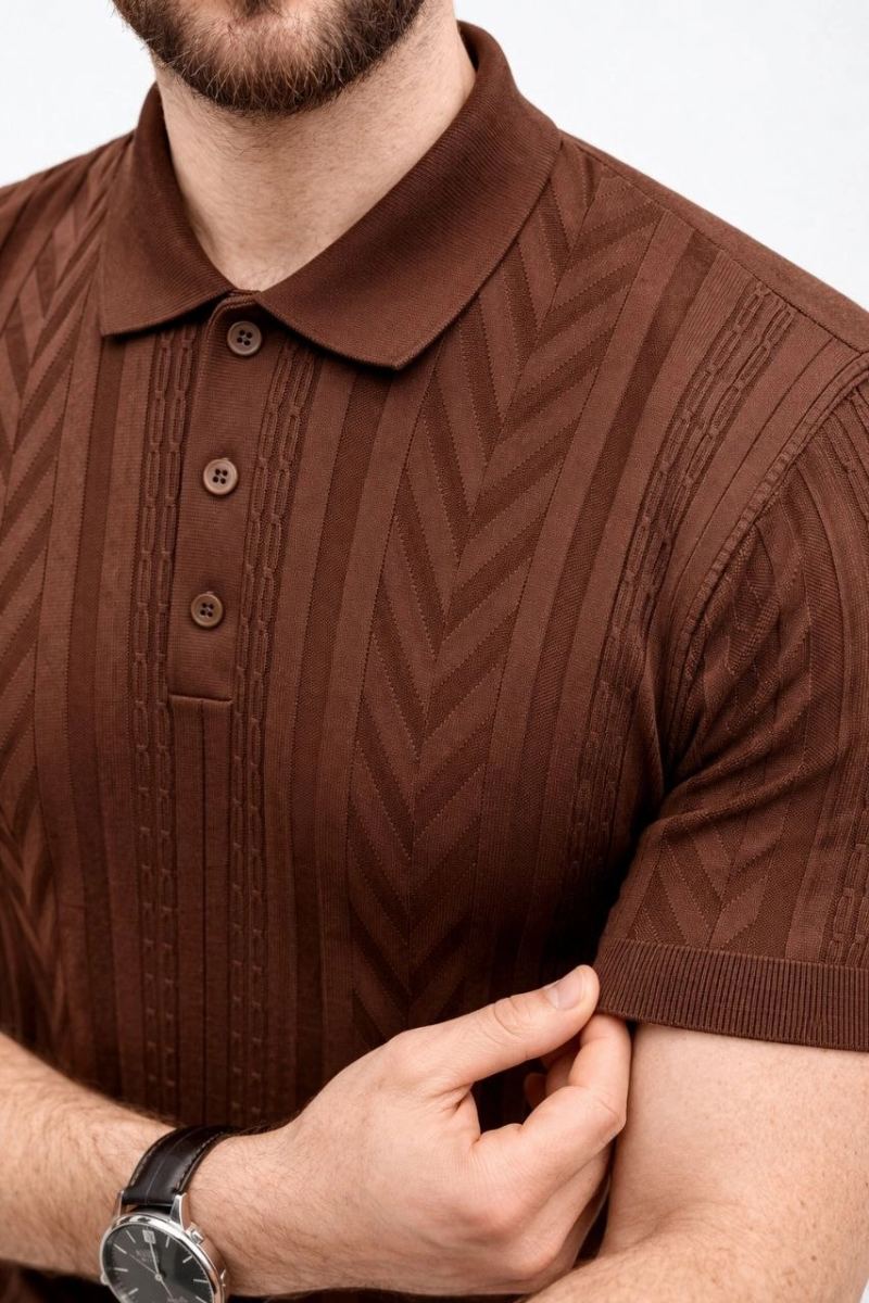 Erkek Yazlık Triko Tişört Kısa Kol Polo Yaka Düğmeli T-Shirt - Kahverengi