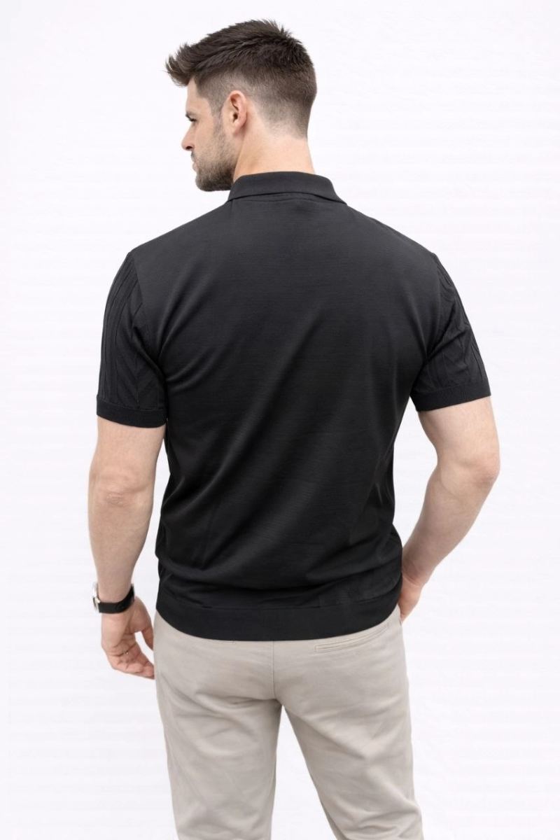 Erkek Yazlık Triko Tişört Kısa Kol Polo Yaka Düğmeli T-Shirt - Siyah
