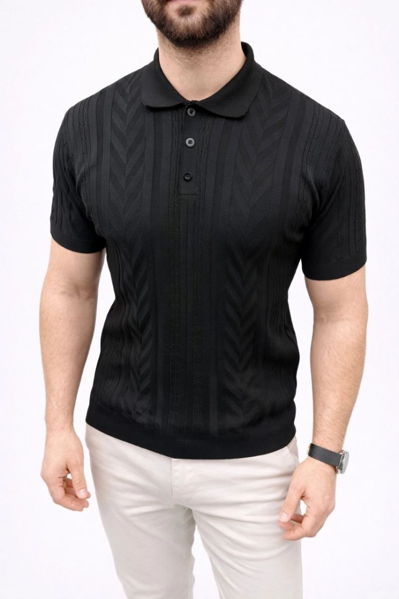 Erkek Yazlık Triko Tişört Kısa Kol Polo Yaka Düğmeli T-Shirt - Siyah