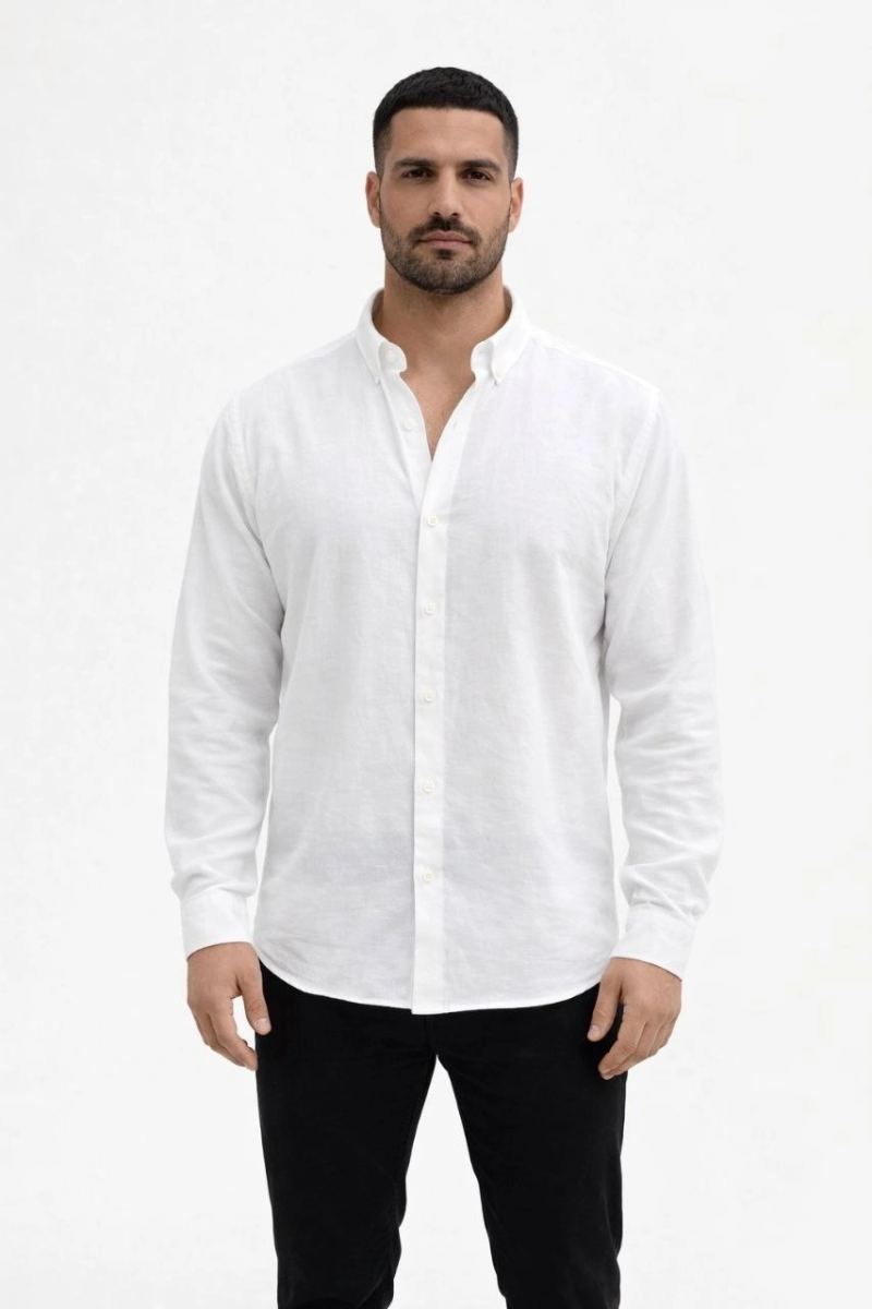 Erkek KETEN Kumaş Oversize Uzun Kollu Rahat Kalıp Gömlek - Beyaz