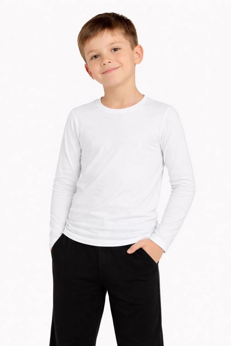 Erkek Çocuk Basic Uzun Kollu Tişört Okul Günlük Rahat T-Shirt - Beyaz