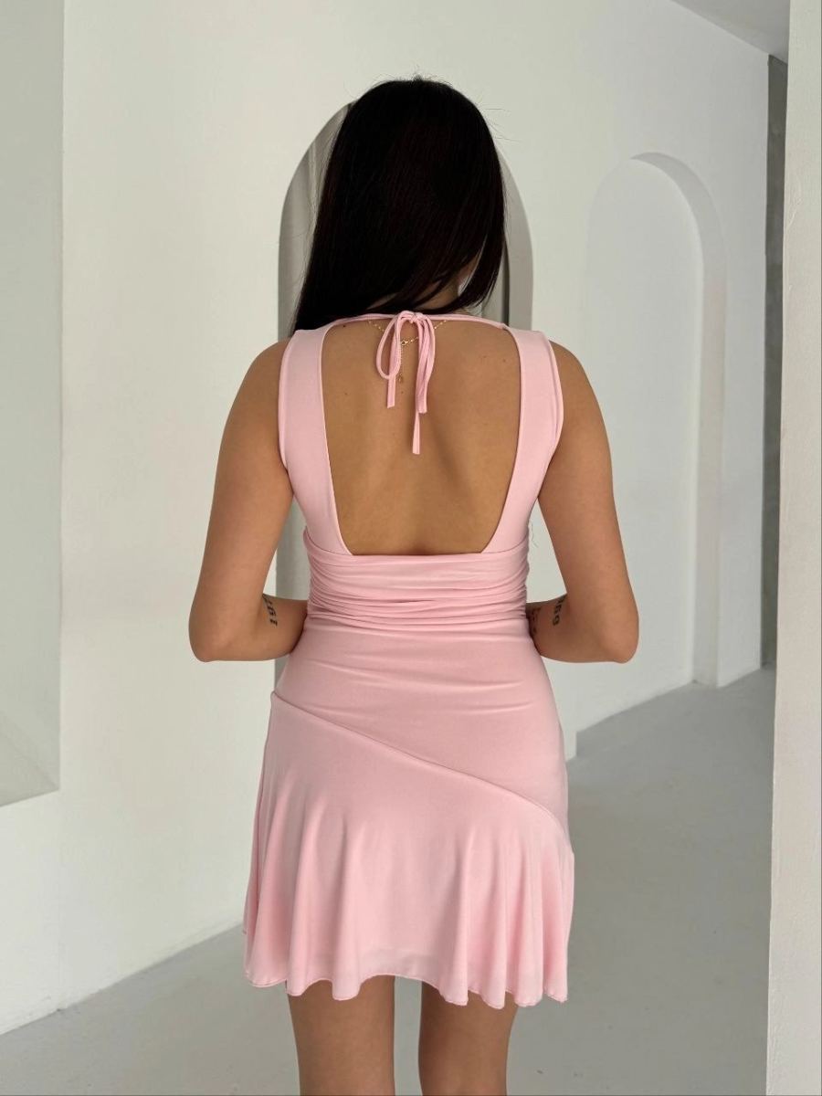 Kadın Derin V Yaka Sırt Dekolteli Mini Elbise Drapeli Şık Kolsuz - Pembe