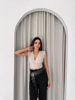 Kadın Vatkalı Kolsuz V Yaka Drapeli Crop Bluz Likralı Fit - Boyalı Gri