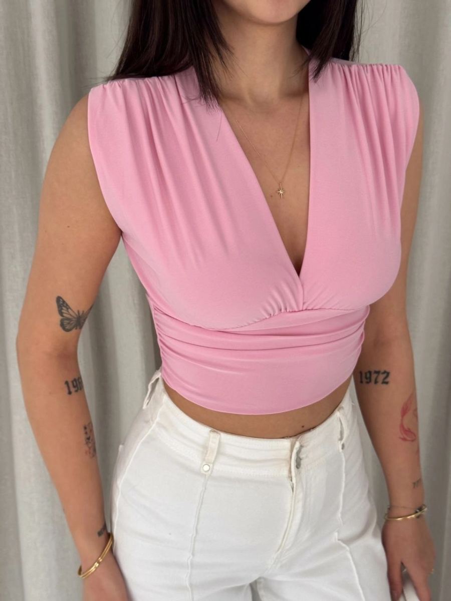 Kadın Vatkalı Kolsuz V Yaka Drapeli Crop Bluz Likralı Fit - Pembe