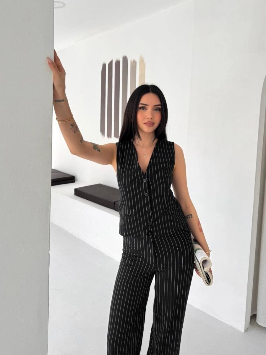 Kadın Çizgili Tansel Kumaş Yelek Pantolon İkili Takım Ofis Şık Modern - Siyah
