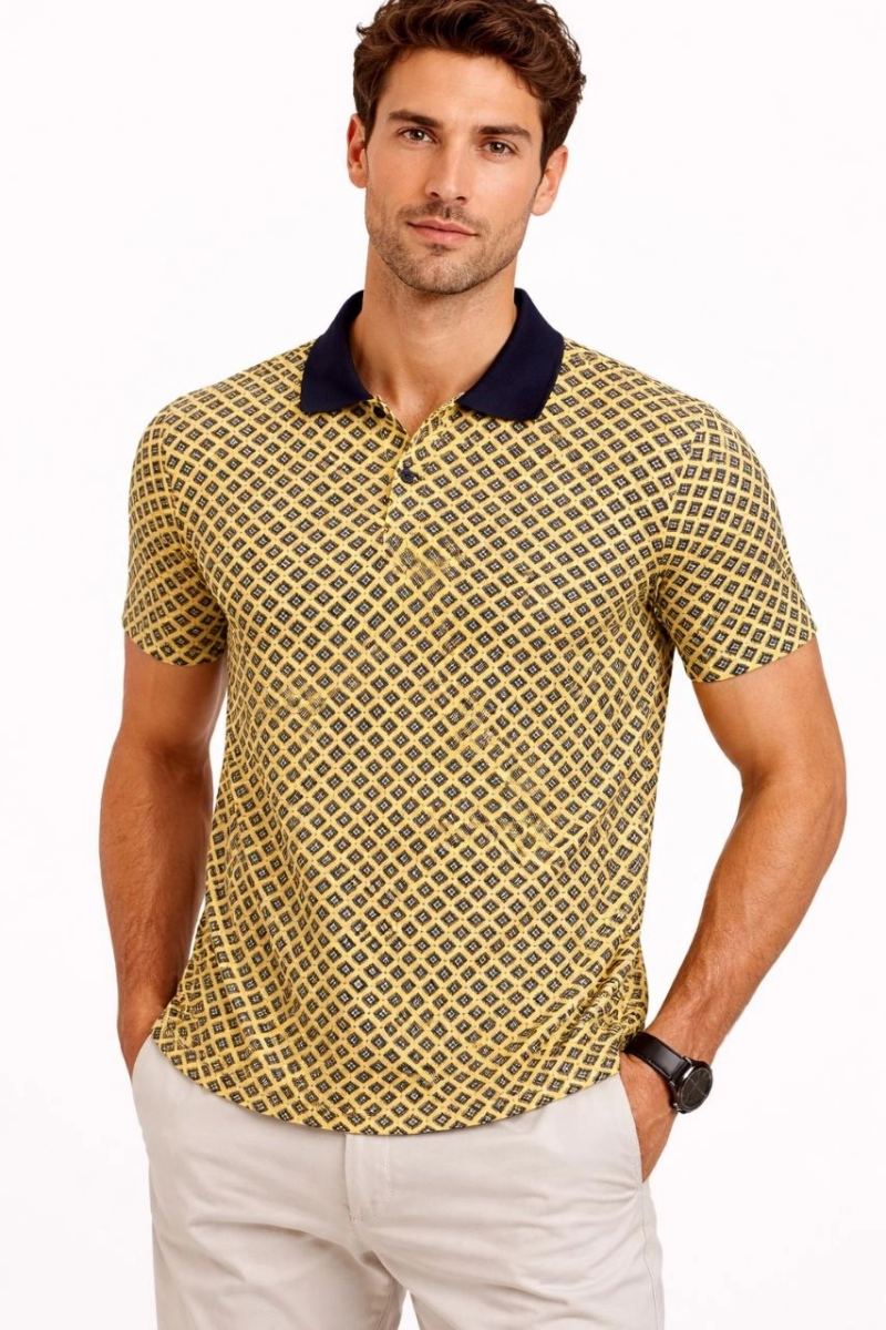 Erkek Pike Kumaş Polo Yaka Desenli Tişört Kısa Kol Yazlık T-Shirt - Sarı