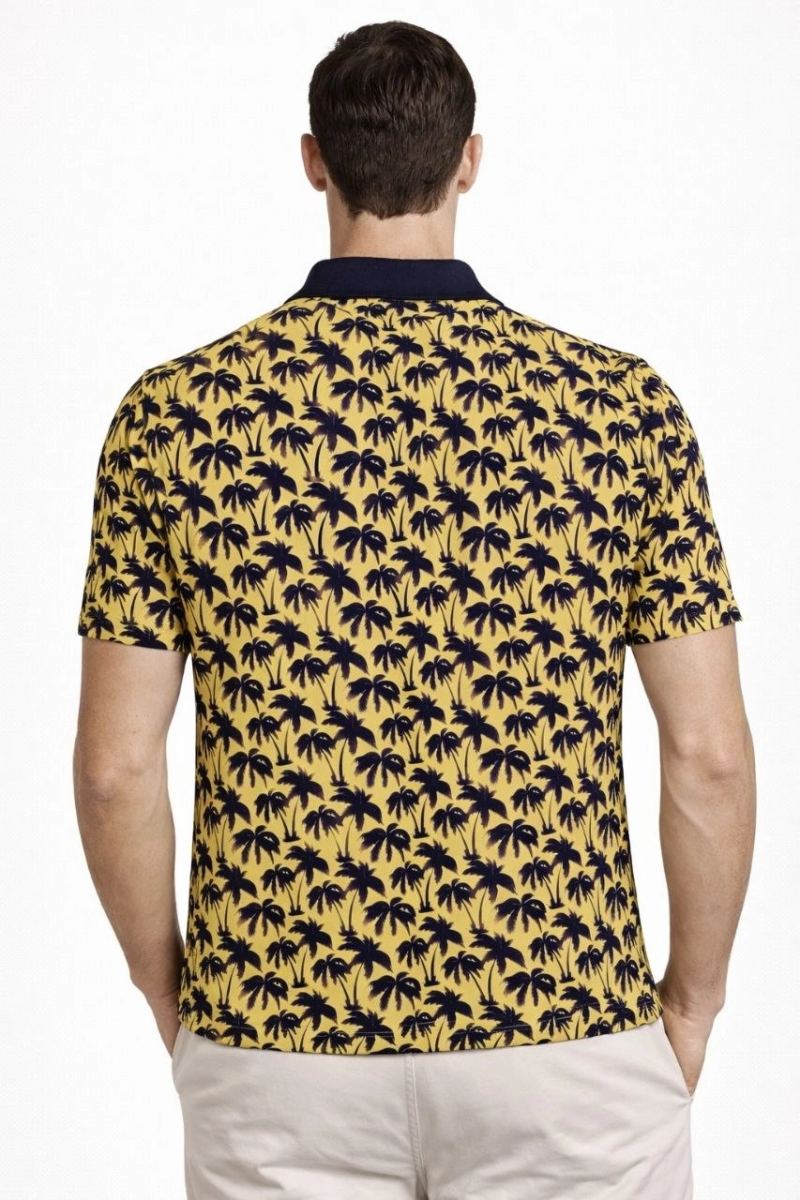 Erkek Pike Kumaş Polo Yaka Palmiye Desenli Tişört Kısa Kol Yazlık T-Shirt - Sarı