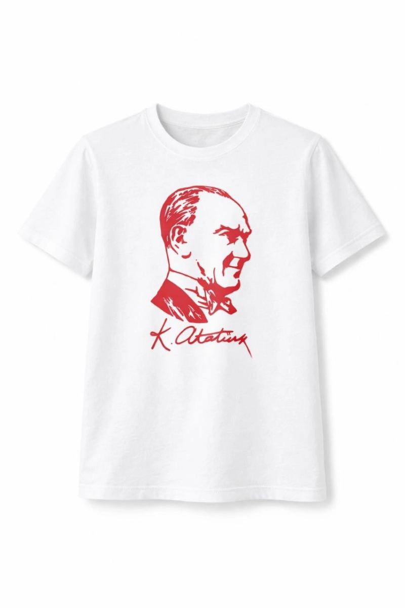 Erkek Çocuk Atatürk Baskılı Tişört Kısa Kollu Bisiklet Yaka T-Shirt - Beyaz