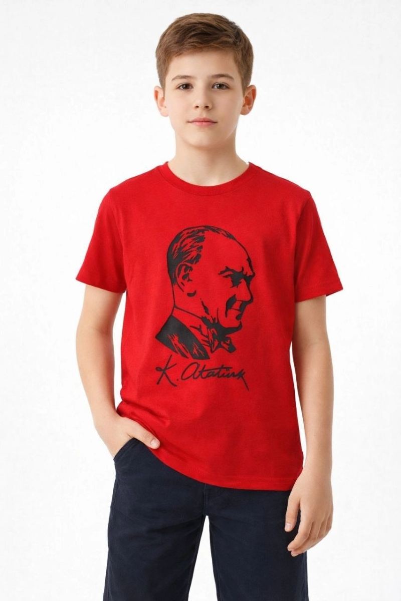 Erkek Çocuk Atatürk Baskılı Tişört Kısa Kollu Bisiklet Yaka T-Shirt - Kırmızı