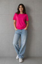 Kadın Basic Pamuklu Tişört Bisiklet Yaka Düz Renk Relaxed Fit T-Shirt - Fuşya