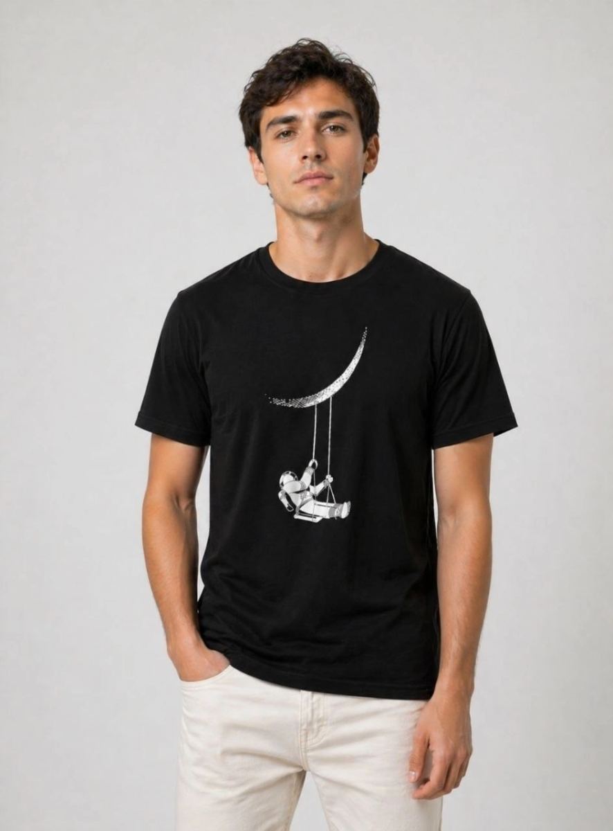 Erkek Astronot Ay Temalı Tişört Kısa Kol Yazlık Bisiklet Yaka T-Shirt - Siyah