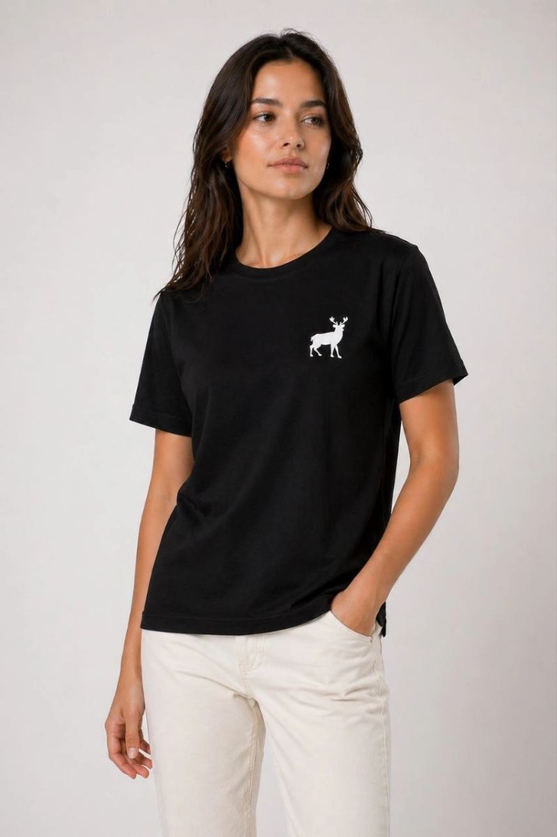 Kadın Minimal Geyik Logolu Tişört Bisiklet Yaka Kısa kol Yazlık T-Shirt - Siyah