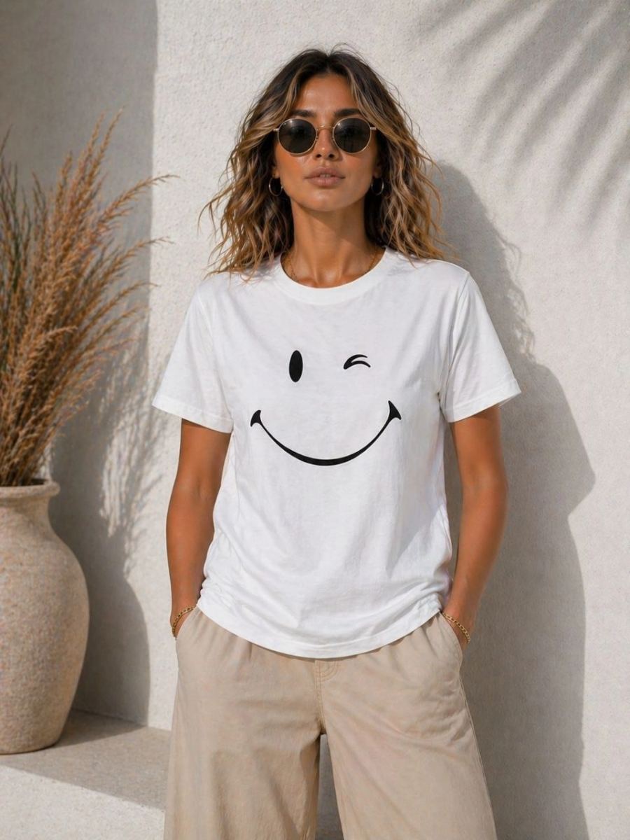 Kadın Minimal Gülümseyen Yüz Baskılı Tişört Kısa Kol Yazlık T-Shirt - Beyaz