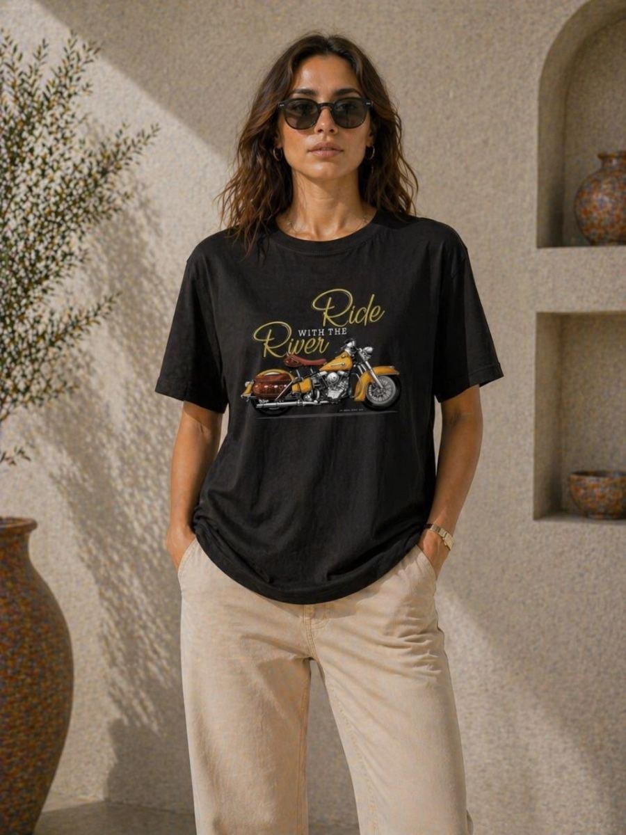 Kadın Motosiklet Baskılı Tişört Bisiklet Yaka Kısa Kol Yazlık T-Shirt - Siyah