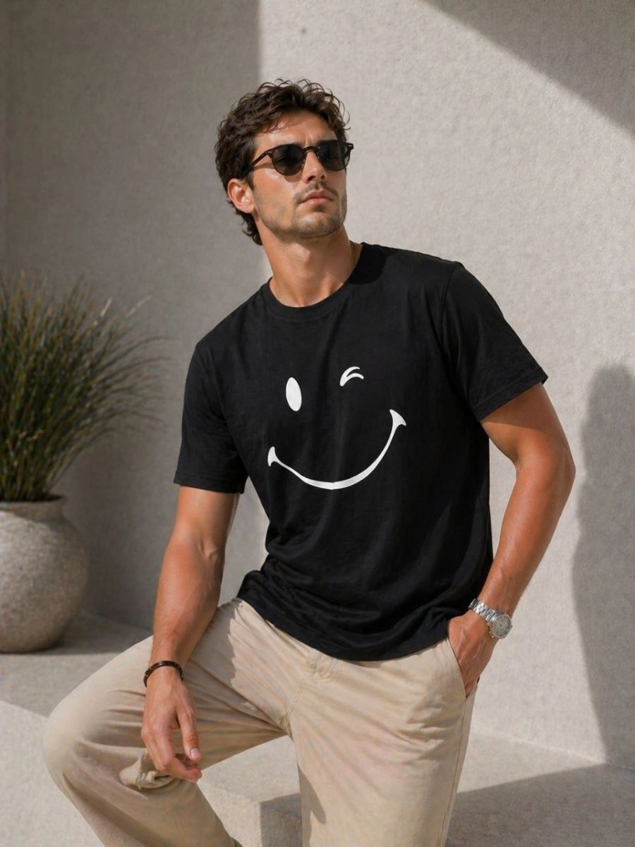 Erkek Minimal Gülümseyen Yüz Baskılı Tişört Kısa Kol Yazlık T-Shirt - Siyah