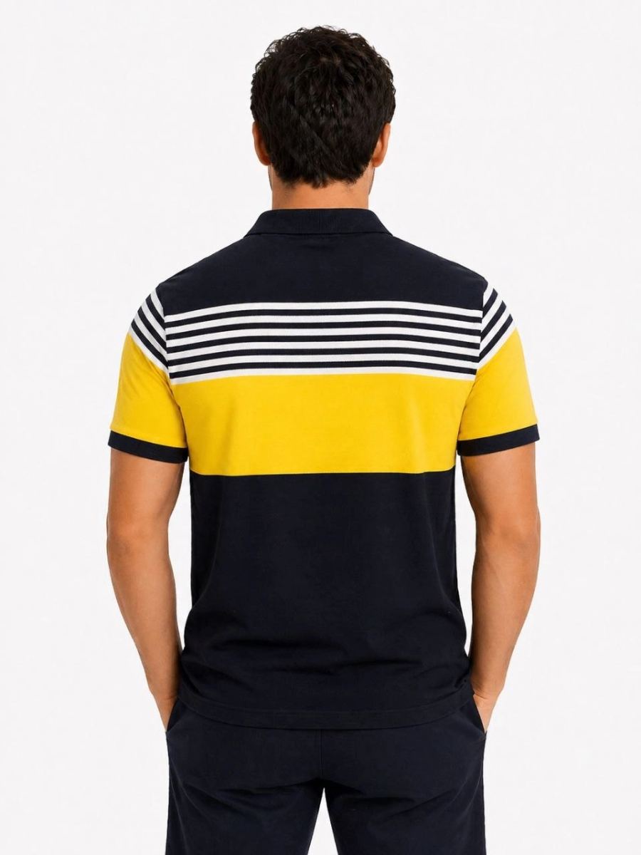 Erkek Pike Kumaş Çizgili Polo Yaka Tişört Kısa Kol Yazlık T-Shirt - Lacivert