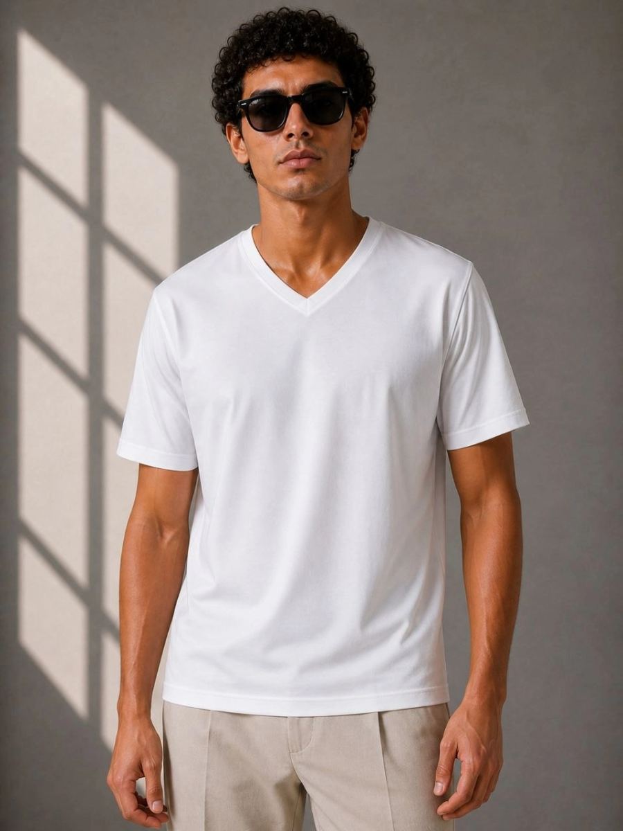 Erkek V Yaka Basic Tişört Kısa Kol Yazlık Regular Fit T-Shirt - Beyaz