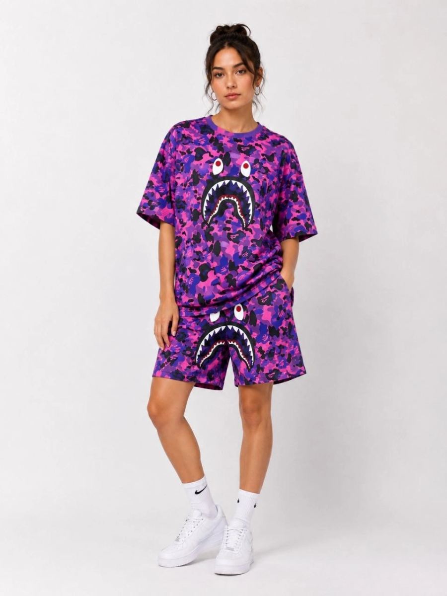 Kadın Oversize Kalıp Pubg Bape X Shark Nakışlı Cepli Şort Takım - Mor