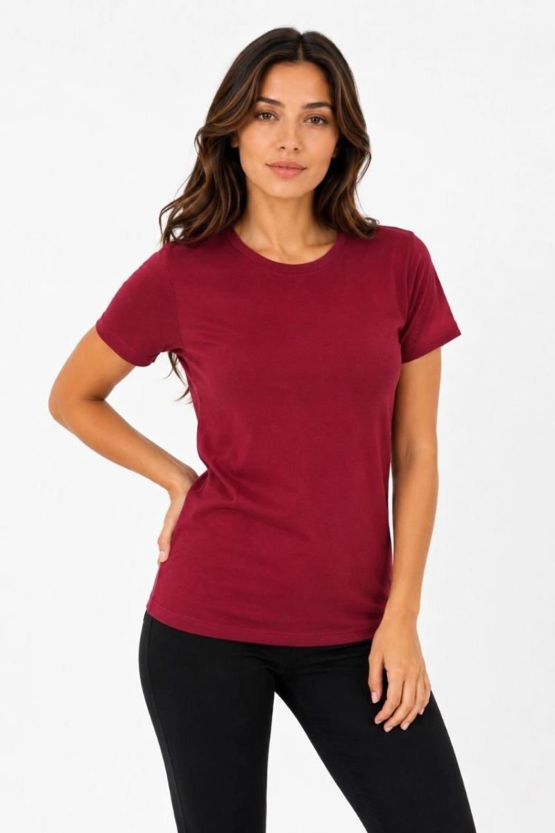 Kadın Basic Tişört Bisiklet Yaka Kısa Kol Günlük Yazlık Slim fit T-Shirt - Bordo