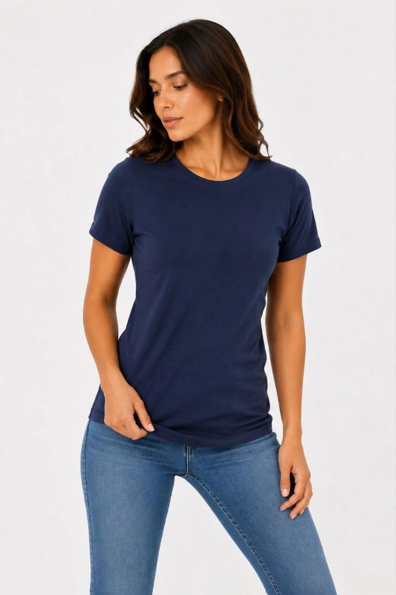 Kadın Basic Tişört Bisiklet Yaka Kısa Kol Günlük Yazlık Slim fit T-Shirt - Lacivert