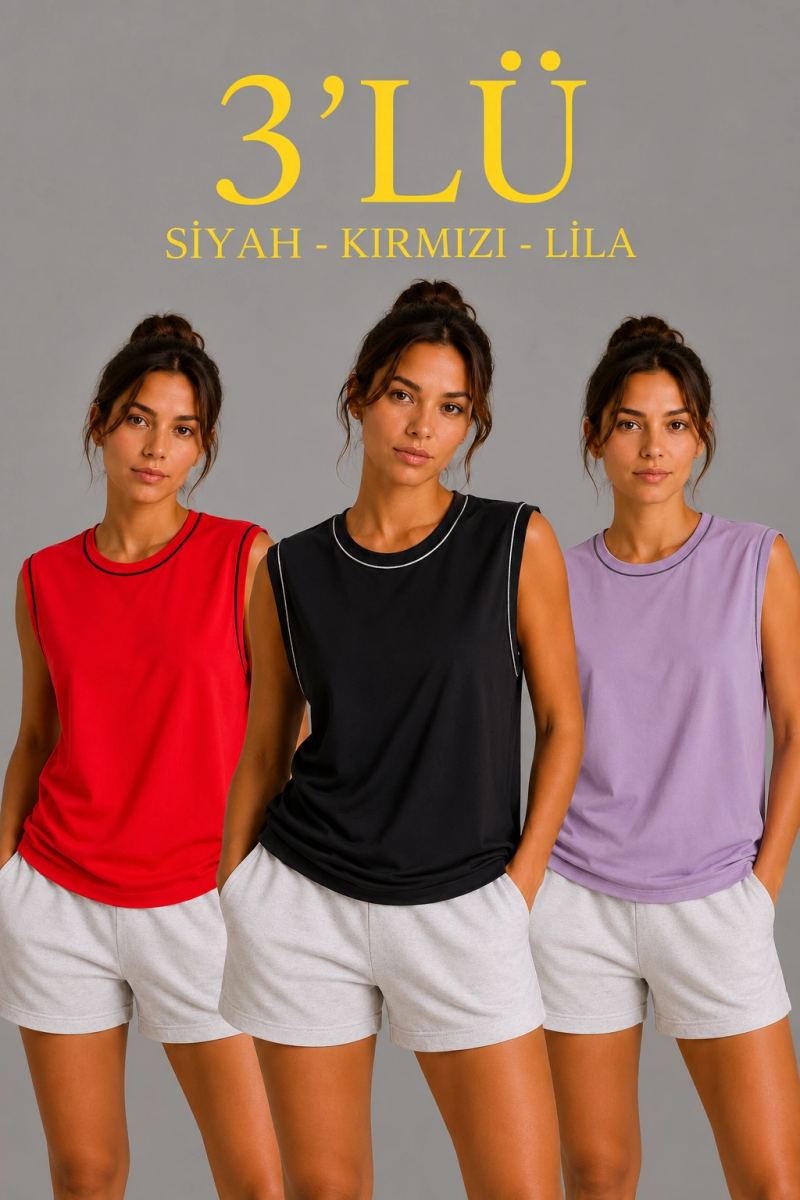 Kadın 3’lü Kolsuz Sporcu Atlet Seti Yazlık Bisiklet Yaka - Siyah, Kırmızı, Lila