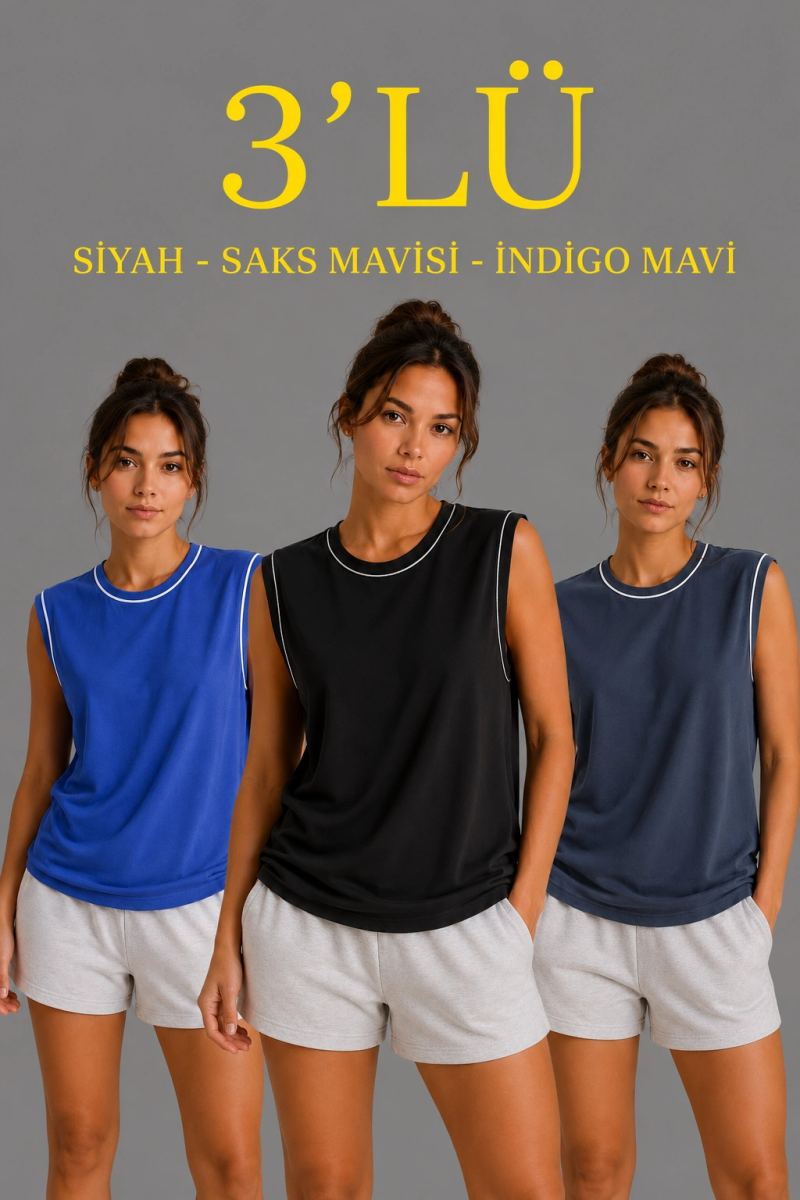 Kadın 3’lü Kolsuz Sporcu Atlet Seti Yazlık Bisiklet Yaka - Siyah, Saks Mavisi, İndigo