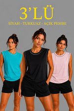 Kadın 3’lü Kolsuz Sporcu Atlet Seti Yazlık Bisiklet Yaka - Siyah, Turkuaz, Pembe